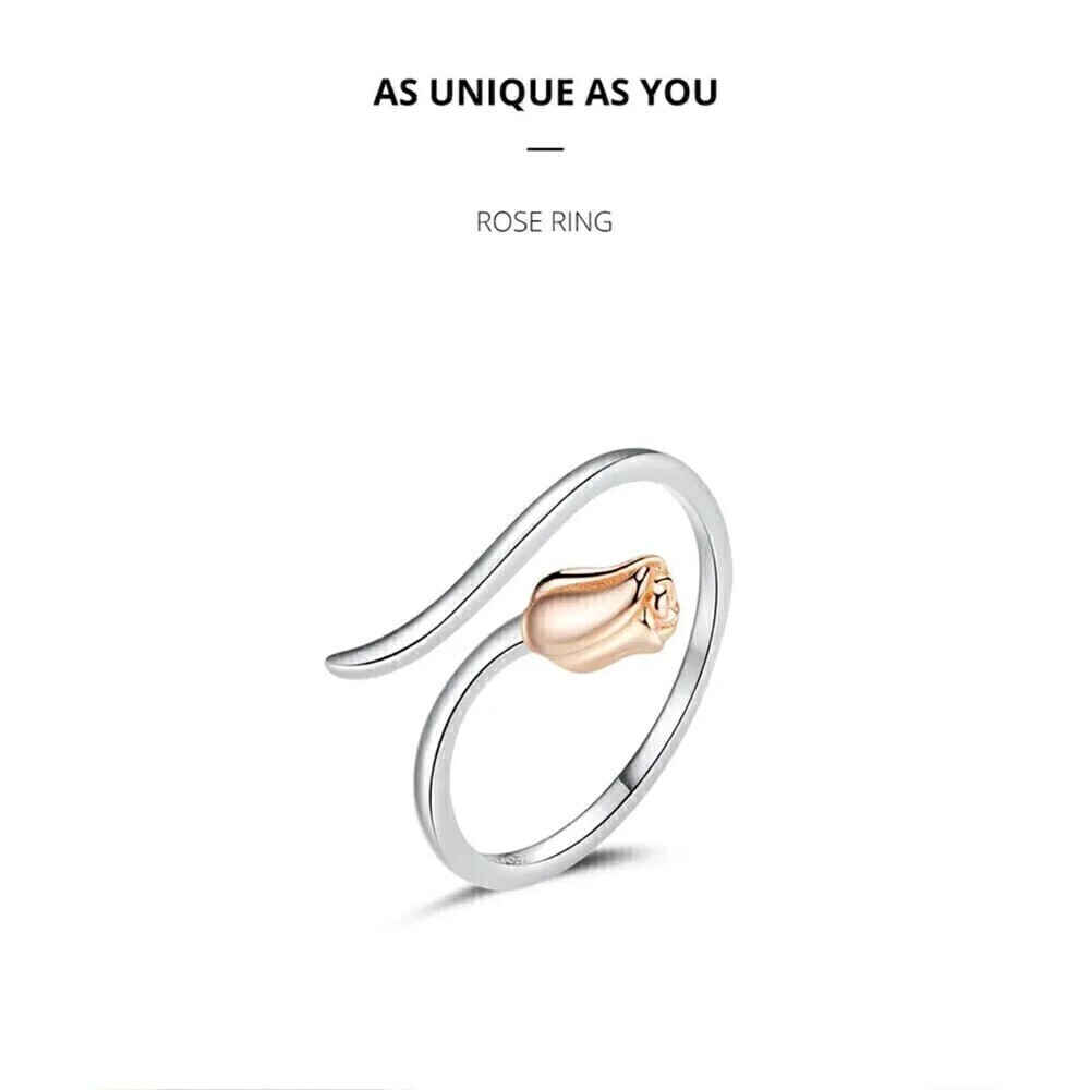 New - 925 Sterling Silver Dainty Rose Cuff Ring - Adjustable